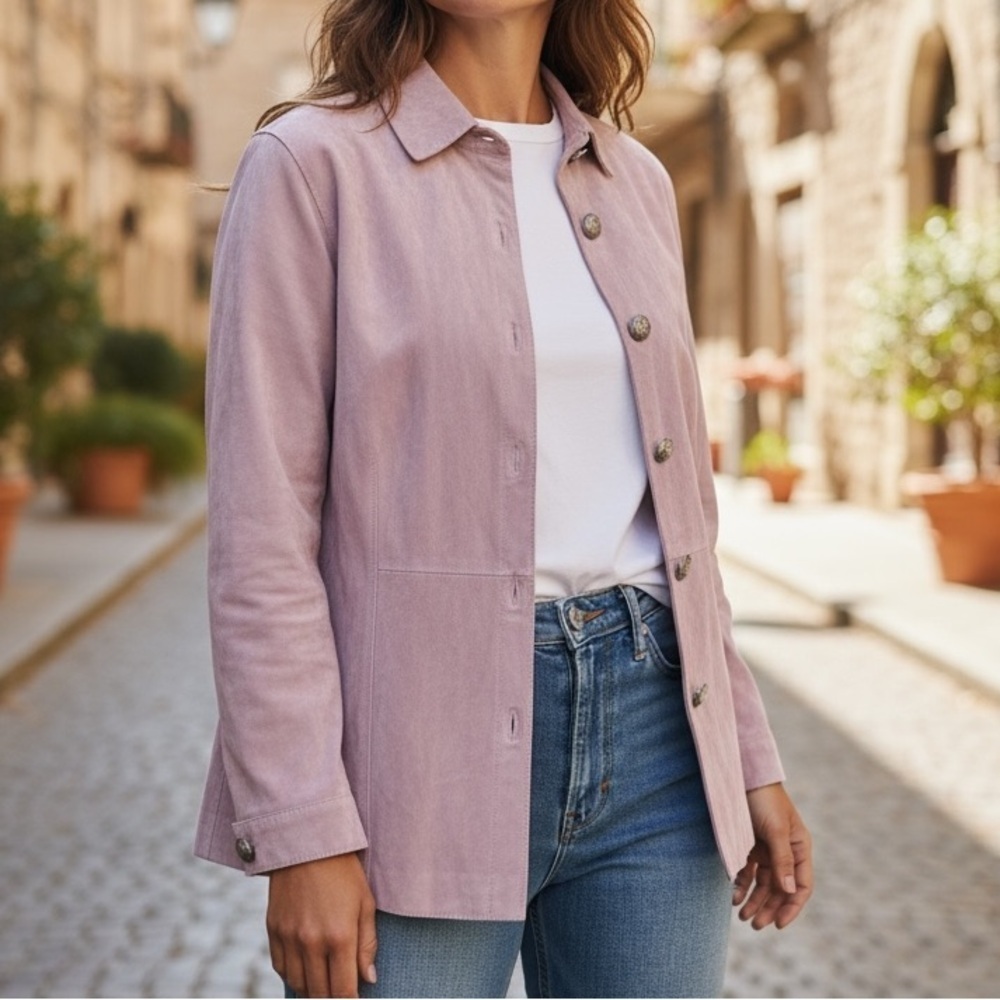 Vtg 90s Chico’s Design Suede Leather Shirt Jacket Rose Pink Western Shacket Lg